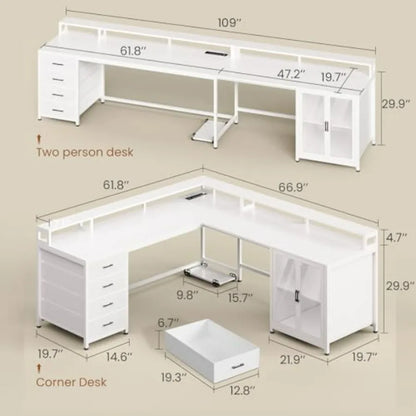L Shaped Gaming Desk with 4 Drawers 109 Computer Desk with Display Cabinet White Home Office Desks with 2 Monitor Stands CPU St