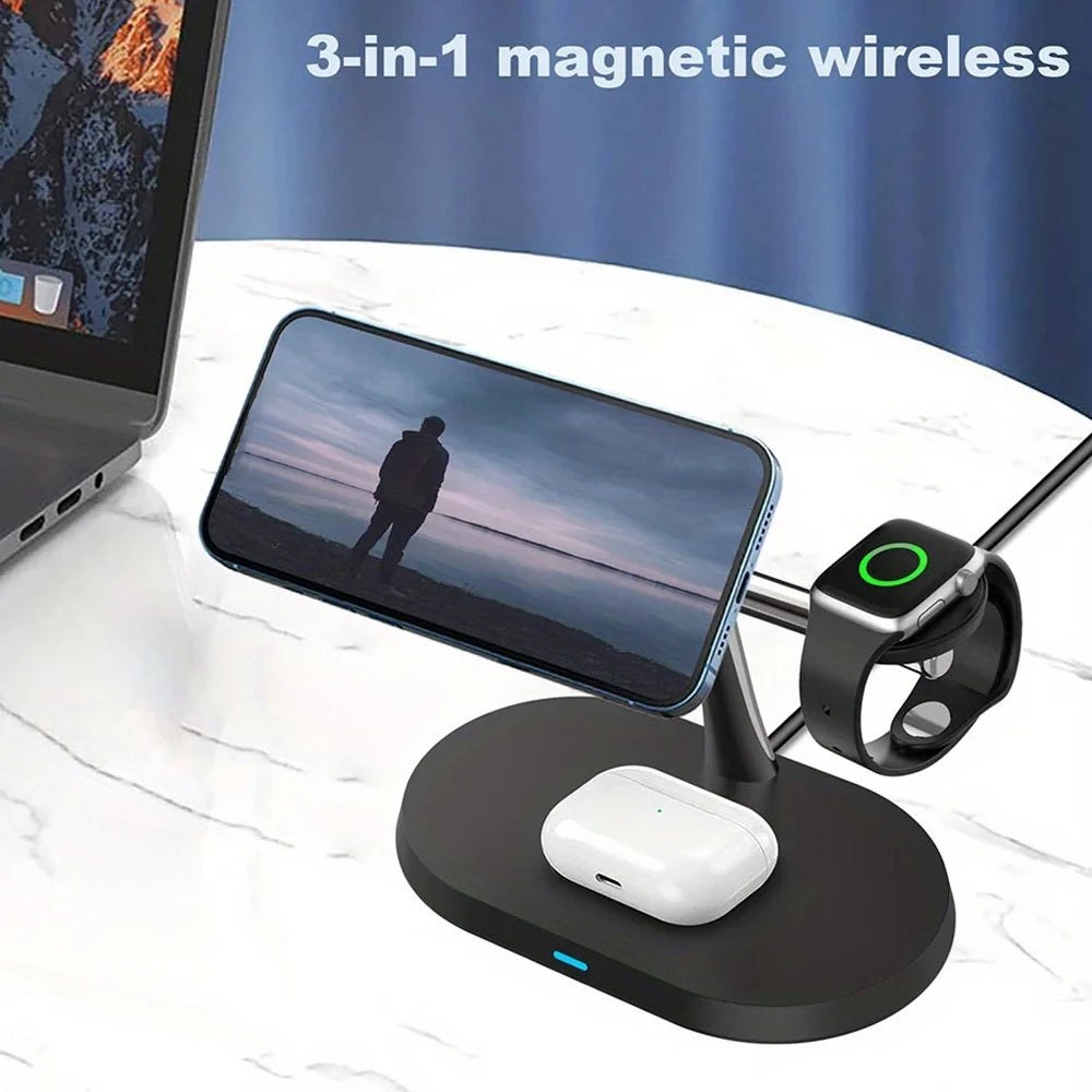 3 In 1 Magnetic Wireless Charger Stand Fast Charging Dock Station for iPhone 17/16/15/14 Pro Max, Apple Watch 8/7/6, AirPods Pro