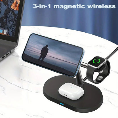 3 In 1 Magnetic Wireless Charger Stand Fast Charging Dock Station for iPhone 17/16/15/14 Pro Max, Apple Watch 8/7/6, AirPods Pro