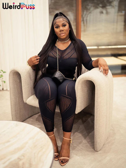 Weird Puss See Through Women Jumpsuits Long Sleeve Hollow Out Hot Girls Sexy Nightclub Dance Party Body-Shaping Coquette Outfits