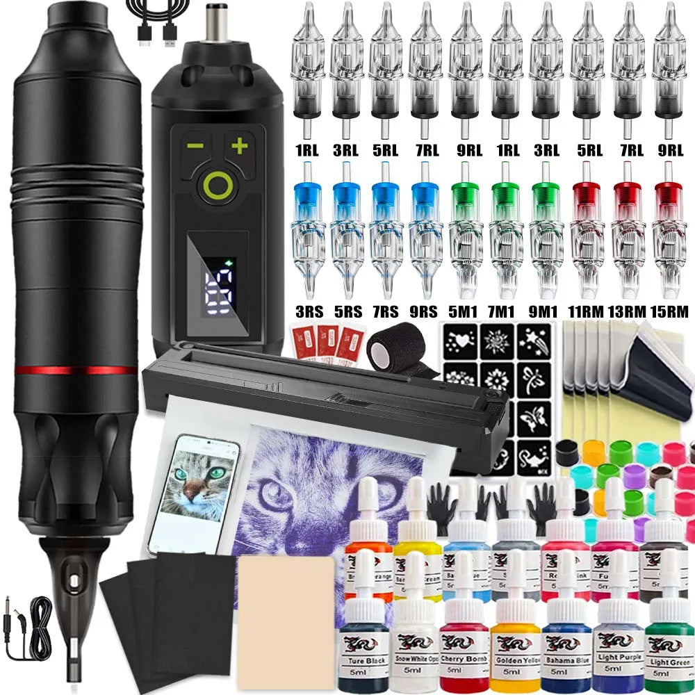 Tattoo Machine Kit Professional Tattoo Kit with Tattoo Transfer Machine Printer or Not Wireless Tattoo Power Supply Beginner Set