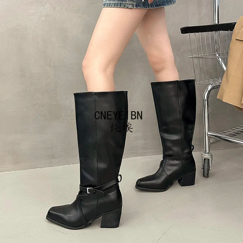 New Women Square Toe Cross Strap Buckle Knee High Boots Leather Chunky Heel Vintage Tall Boots Ladies Daily Commute Botas Mujer