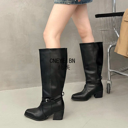 New Women Square Toe Cross Strap Buckle Knee High Boots Leather Chunky Heel Vintage Tall Boots Ladies Daily Commute Botas Mujer