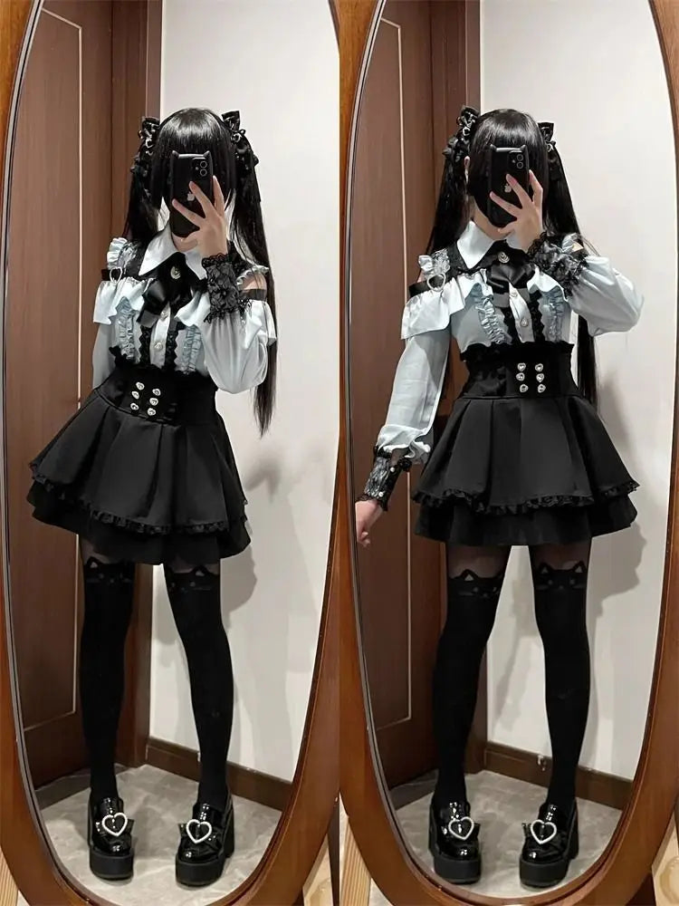 Gothic Women's Clothing Shirt Long Sleeve Lolita Blouse Japanese Bow Tie Sweet Cute Tops Design Streetwear Y2k Retro Blouse New