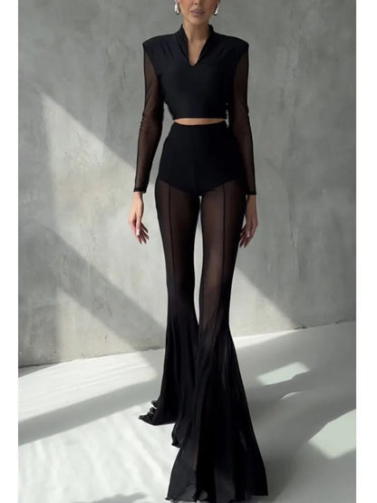 Sexy Sheer Flare Pants For Women Fashion Solid High Waist Long Pants Lady Casual Holiday Streetwear Women's Clothing New 2025