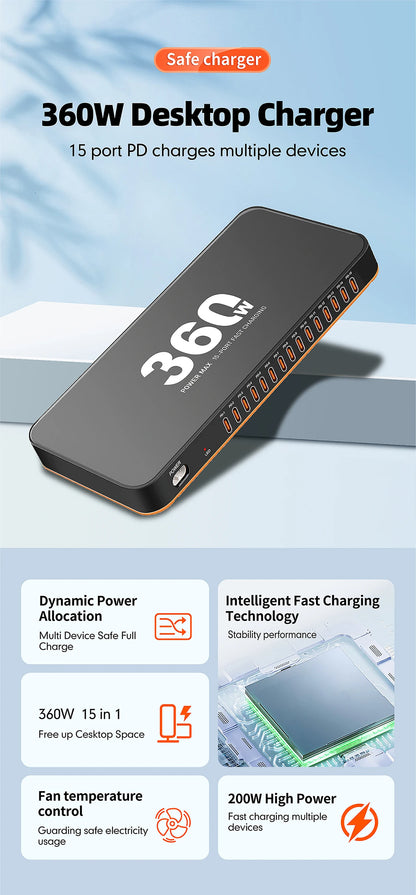 360W USB Charger 15 in 1 Desktop PD 24W Fast Charge USB Type C Charger LED Display Charger For iPhone Xiaomi Smartphone Laptop
