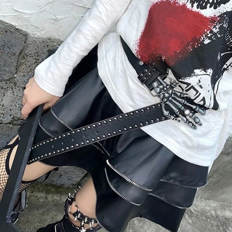 Women's Punk Skull Belt Harajuku Gothic Y2K Rivets Skeleton Hand Decoration Belt Men Girls Leather Belt Halloween Accessories