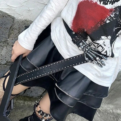 Women's Punk Skull Belt Harajuku Gothic Y2K Rivets Skeleton Hand Decoration Belt Men Girls Leather Belt Halloween Accessories