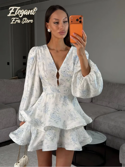 Sexy Deep V-neck Floral Printed  Long Sleeve Women Dress Fashion Waist-cinched Pleated Button-front Vestidos 2026 Daily Outfits