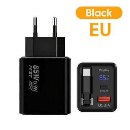 65W USB C GaN Charger Wall Charger Power Adapter Digital Display With Retractable Type C Cable For iPhone 17 16 Samsung Xiaomi