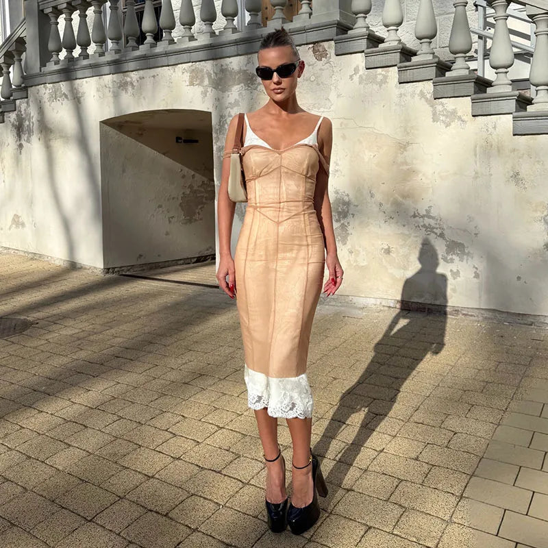 Sheer Mesh Overlay Lace Hem Slip Midi Dress Slim Spaghetti Strap 2026 Summer Elegant Women Bodycon Dress Trendy Date Lady Gown