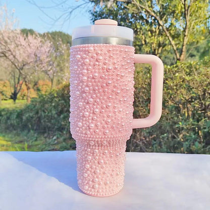 40oz Stainless Steel Vacuum Insulated Tumbler with Rhinestone Handle - Glittery Rhinestone Design