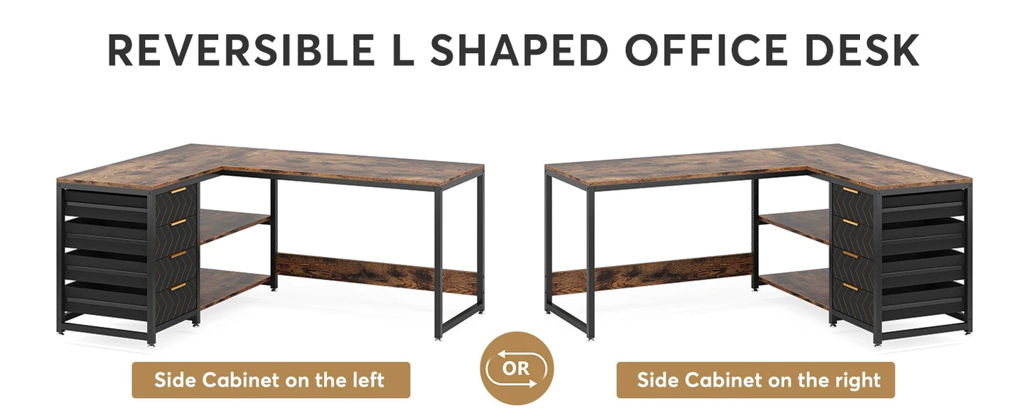 Tribesigns L Shaped Computer Desk with Storage Drawers, 59 inch Corner Desk with Shelves, Reversible L-Shaped Office Desk Study