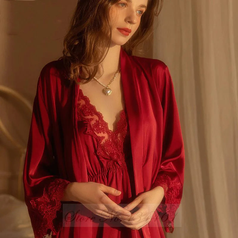 Burgundy 2PCS Robe Set Nightgown Sexy Lace Kimono Bathrobe Gown Nightdress Sleepwear Summer Satin Loose Home Wear Loungewear