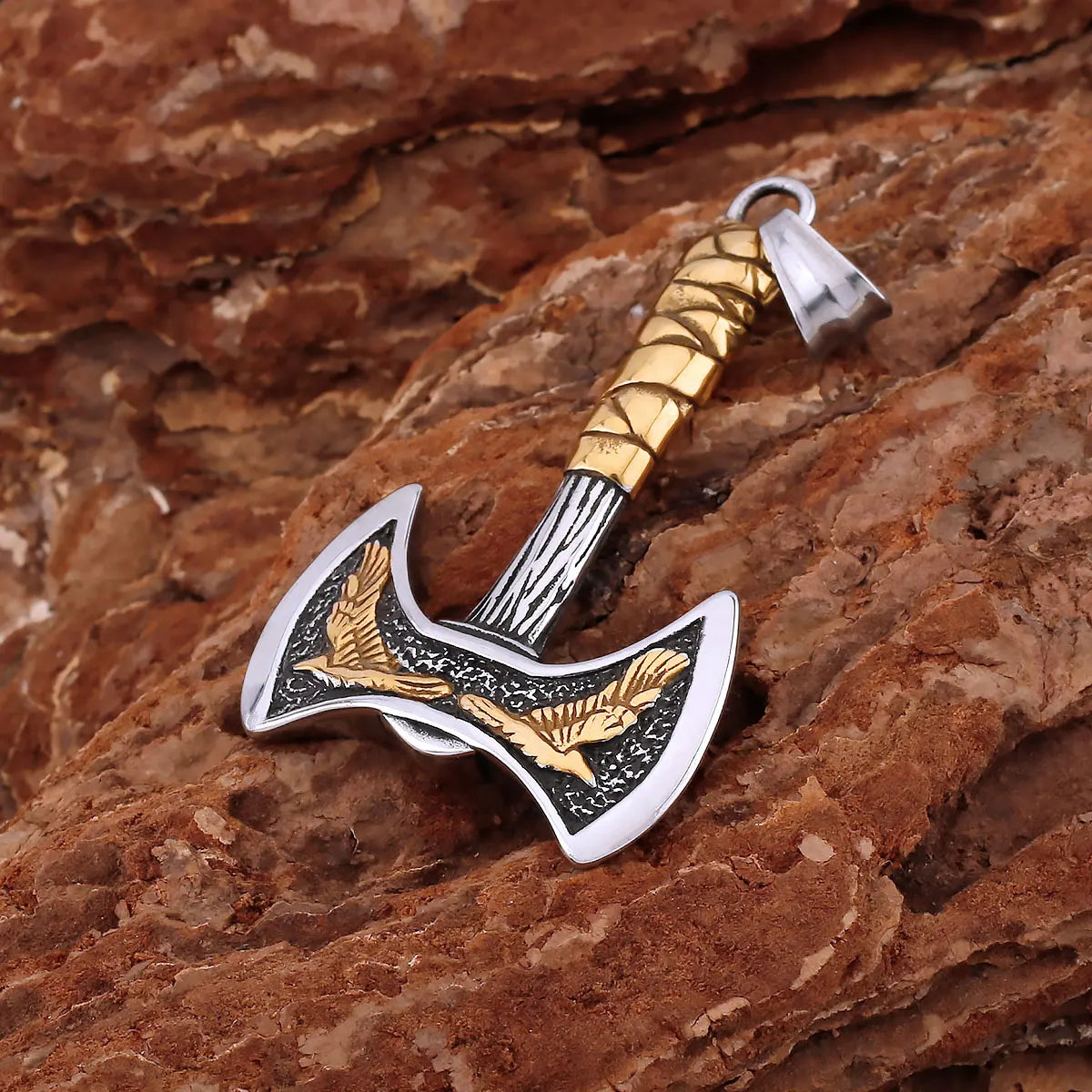 Stainless Steel Vikings Axe Necklace Mixed Gold Color Odin Raven Pendant Men's Personality Rune Amulet Gift for Boyfriend