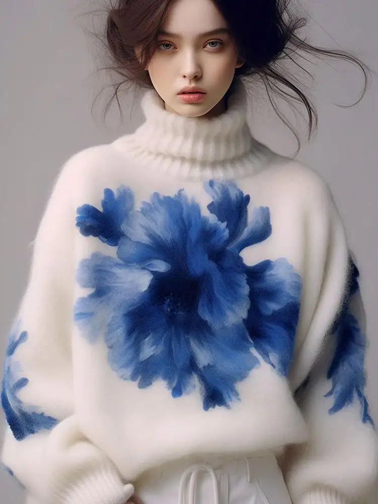 Oule Winter Blue Floral Print High Collar Women's Knitted Sweater Comfortable Loose Sle Long Sve Casual Commute Faion