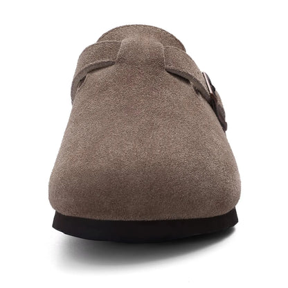 Crestar Women's Suede Clogs Lady Fashion Buckle Leather Mules Comfort Cork Footbed Potato Shoes with Arch Support Beach Sandal