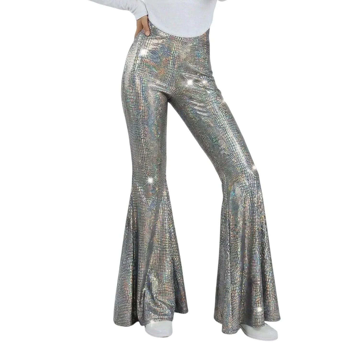 Sequin Women Flared Pants High Waist Shiny Disco Party Trousers Loose Fit Dance Club Stretchy Bell Bottom Wide Leg Trousers New