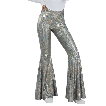 Sequin Women Flared Pants High Waist Shiny Disco Party Trousers Loose Fit Dance Club Stretchy Bell Bottom Wide Leg Trousers New