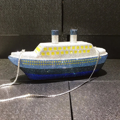 New Boat Crystals Clutch Purse RED Blue Women Gems Evening Clutch Bag Wedding Bridal Minaudiere Rhinestones Handbags and Purses