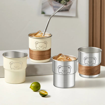 WORTHBUY 300ML Cute Little Bear Water Mug 304 Stainless Steel Coffee Cup With Wooden Anti Scald Pad Office Workers Tumbler
