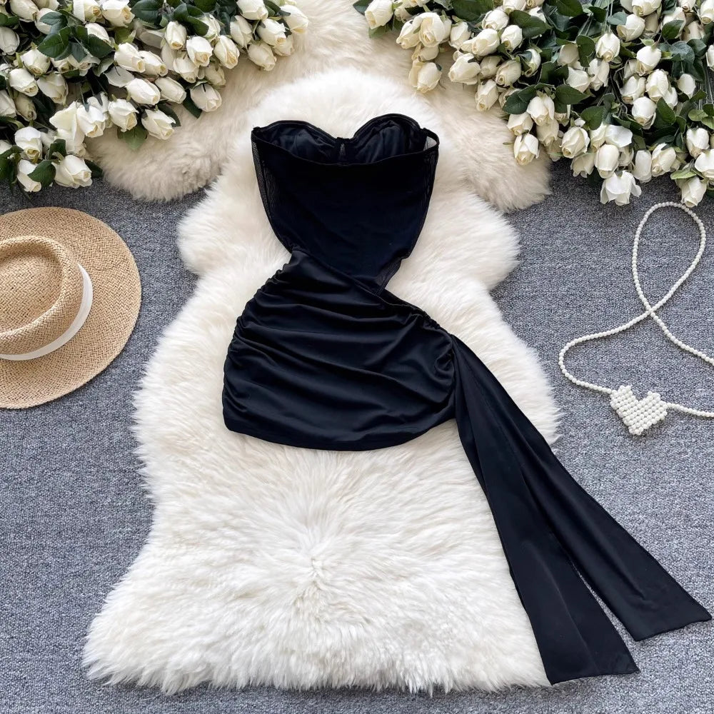 Foamlina  American Sexy Hollowed-out Waist Tube Top Dress for Women's Pleated Waist Hip-wrapped Streamer Girl's Short Dress