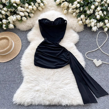 Foamlina  American Sexy Hollowed-out Waist Tube Top Dress for Women's Pleated Waist Hip-wrapped Streamer Girl's Short Dress