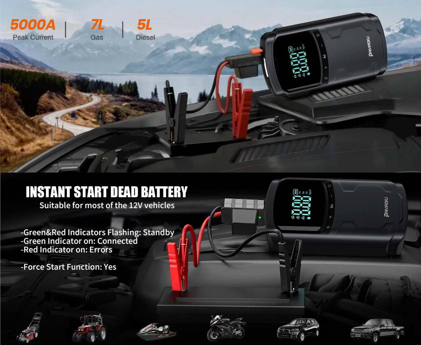 Car Jump Starter with Air Compressor Peak 5000A Auto Battery Booster 150PSI Air Pump Portable Power Bank Tire Inflator Lighting
