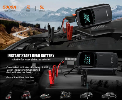 Car Jump Starter with Air Compressor Peak 5000A Auto Battery Booster 150PSI Air Pump Portable Power Bank Tire Inflator Lighting