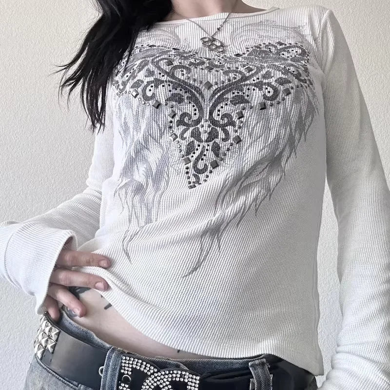 Women Y2k Fairy Grunge Shirt Vintage Graphic Print Long Sleeve Tee Shirt Tops Teen Girls Grunge Aesthetic Clothes Streetwear