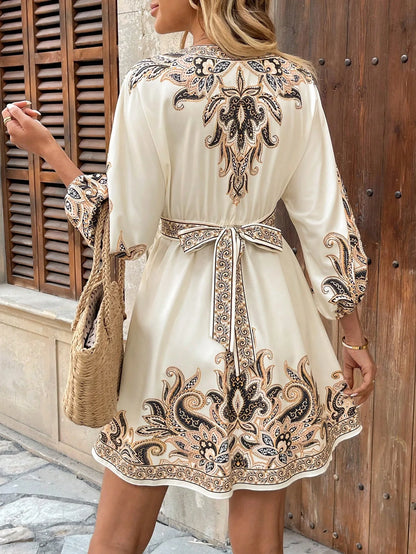 Elegant Women's Retro Printed V Neck Lantern Sleeve Dress Spring Summer Fashion Cinched Waist Lace-up Female Vacation Shortskirt