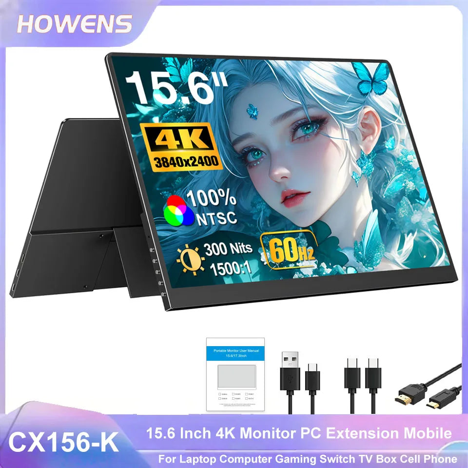 HOWENS 15.6 Inch 4K Monitor IPS Display HDR 100% NTSC For Laptop Switch PS5 Xbox Phone Gaming External Screen Second Monitor NEW
