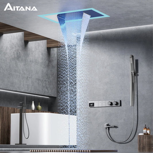 Luxury brass gun gray ceiling constant temperature shower system LED digital display hot and cold water embedded bathroom faucet
