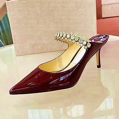 2025 New Fashionable Fine Heeled Muller Shoes with Pointed Water Diamond Chain Banquet Shallow Mouth Women's High Heel Sandals