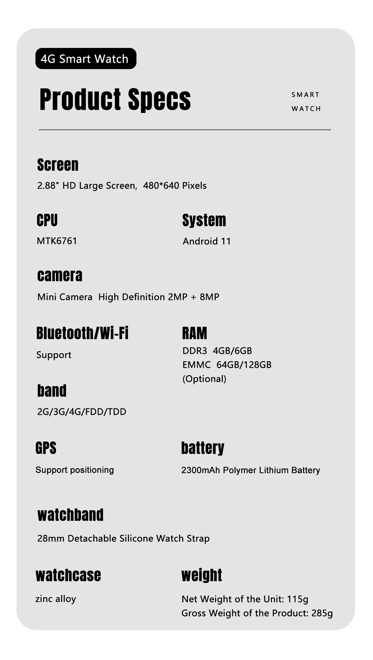 Factory S999 4G Smart Watch Android 11 OS MTK6761 Quad Core 4GB 64GB 2.88" HD Large Screen Smartwatch 2.0MP+8.0MP Dual Camera