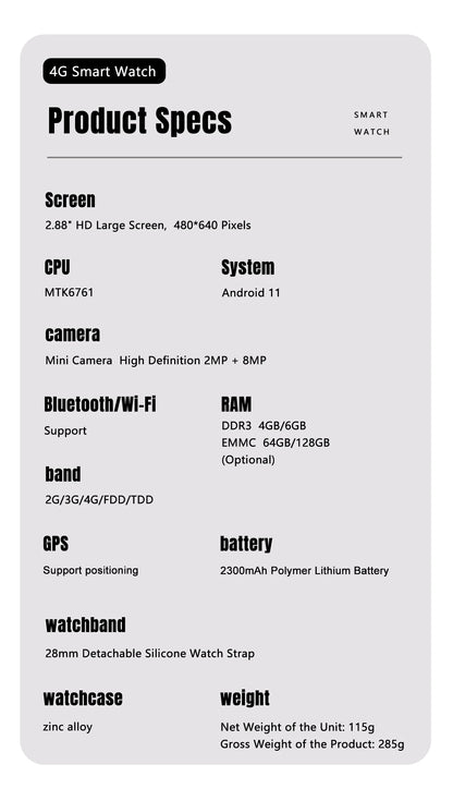 Factory S999 4G Smart Watch Android 11 OS MTK6761 Quad Core 4GB 64GB 2.88" HD Large Screen Smartwatch 2.0MP+8.0MP Dual Camera