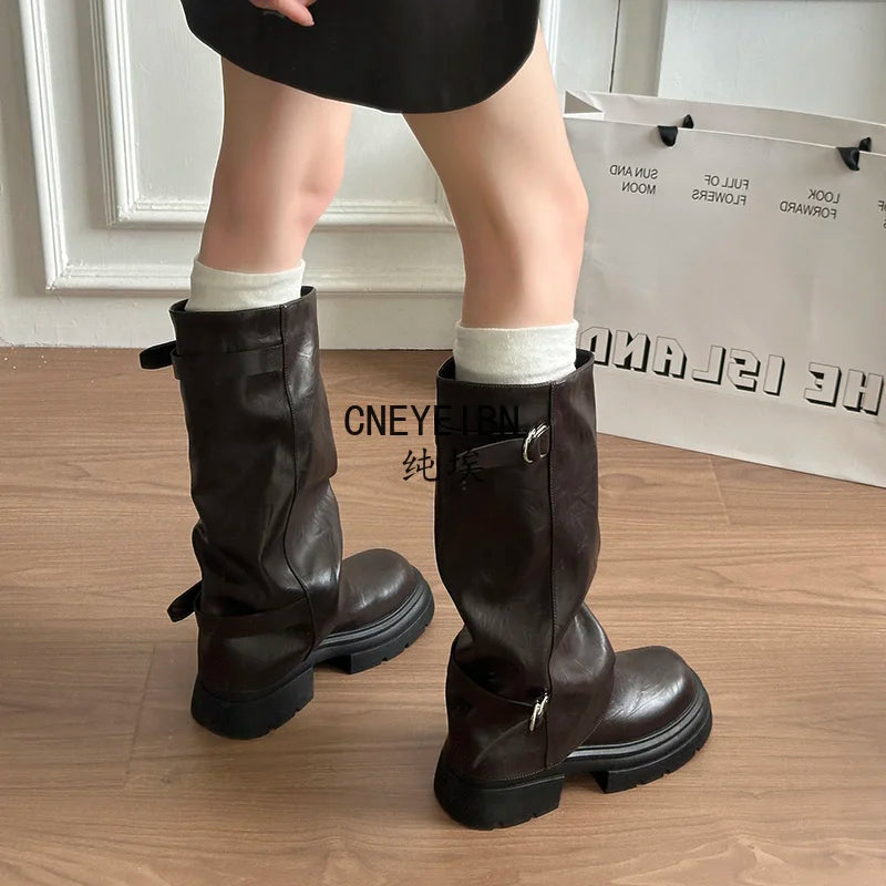 Women Double Buckle Slouch Knee High Boots Round Toe Platform Thick Sole Leather Tall Boots Street Casual Daily Ladies Boots