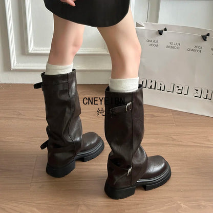 Women Double Buckle Slouch Knee High Boots Round Toe Platform Thick Sole Leather Tall Boots Street Casual Daily Ladies Boots