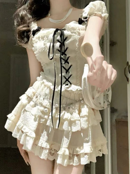 Sweet Kawaii 2-Piece Dress Set Women Sexy Off-Shoulder Corset Tops + Mini Cake Skirt Japanese Casual Harajuku Chic Outfit New