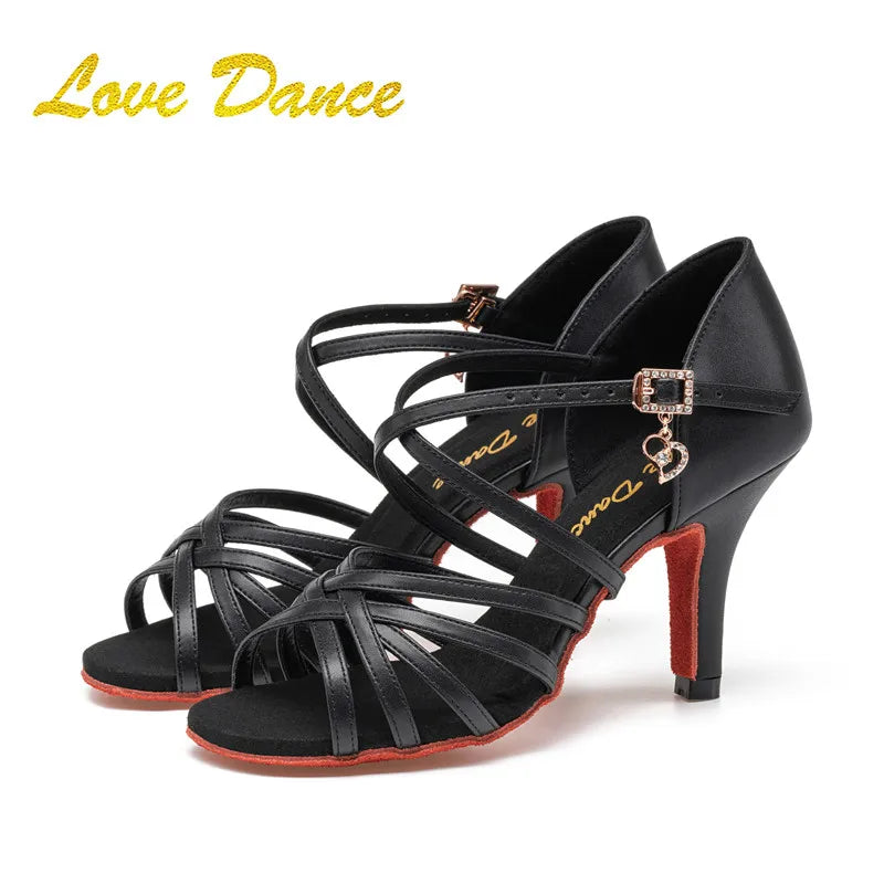 SW Latin Dance Premium Professional Women's Black Dance Shoes with Red Sole for Ballroom, Competition, Rumba & Cha-Cha Practice
