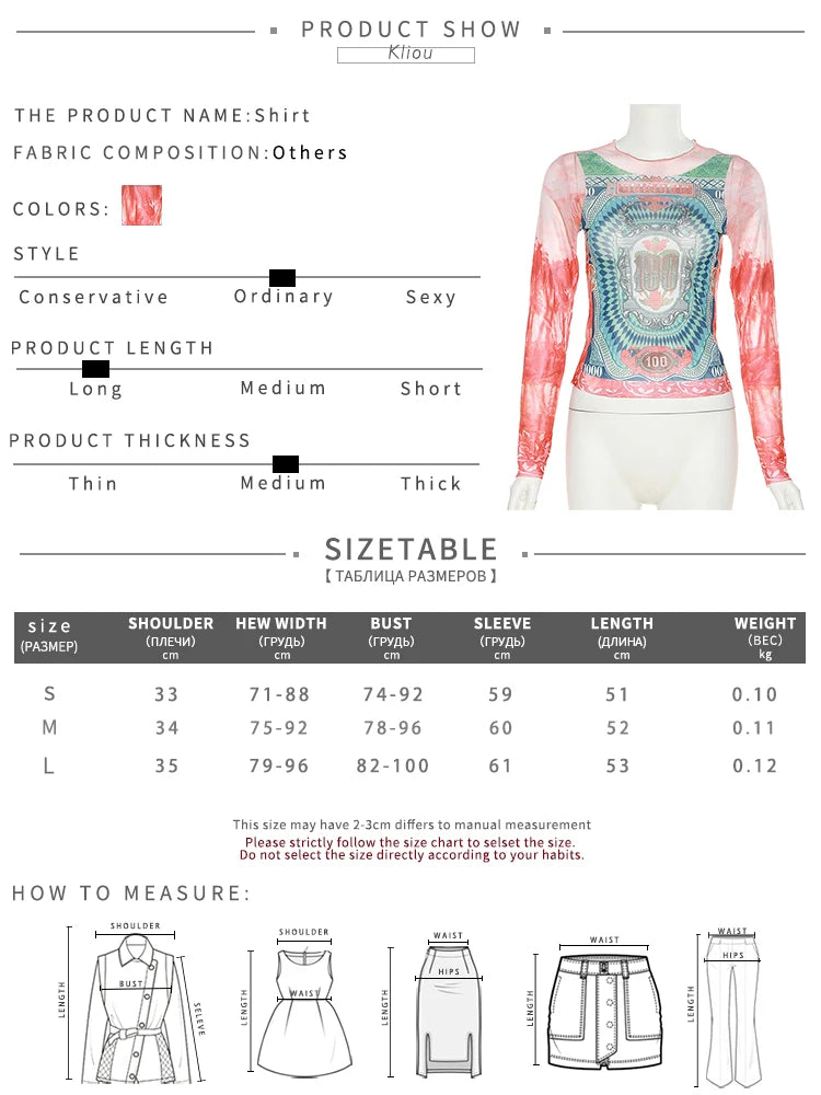 Kliou Mesh Dollar Print Classic T-Shirt Women Casual Aesthetic O-neck Long Sleeve Skinny Tops Hipster Female Gorgeous Attirewear