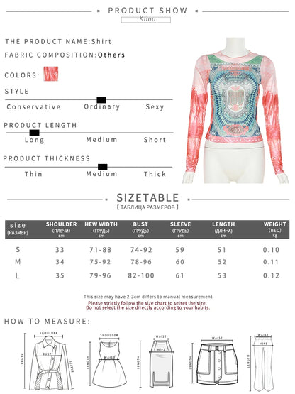 Kliou Mesh Dollar Print Classic T-Shirt Women Casual Aesthetic O-neck Long Sleeve Skinny Tops Hipster Female Gorgeous Attirewear