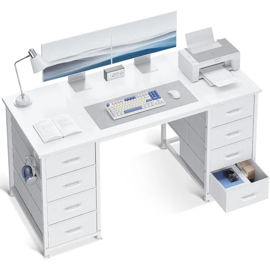 48 Inch White Computer Desk with 8 Fabric Drawers for Modern Home Office Study and Gaming Setup Featuring Large Storage Capacit