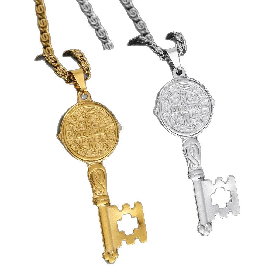 Catholicism Saint Benedict Key of Life Pendant Necklace for Women Men Stainless Steel Hip Hop San Benito Medal Necklaces Jewelry