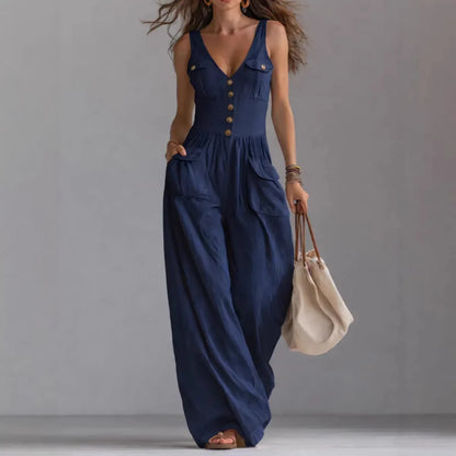 Casual New Solid Women's Jumpsuit Fashion Sexy V Neck Button Front Boho Rompers Summer Sleeveless Pocket Wide Leg Overalls