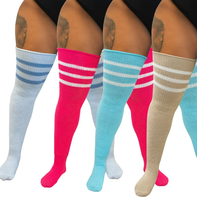 Women's Striped Plus Size Thick Thigh-High Socks Collection Big Girls Acrylic Yarn Stretch Colorful Streaks Leg Warmer Socks