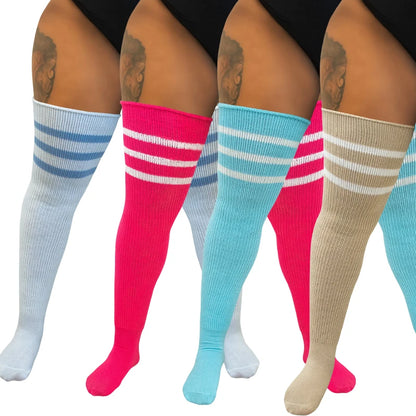 Women's Striped Plus Size Thick Thigh-High Socks Collection Big Girls Acrylic Yarn Stretch Colorful Streaks Leg Warmer Socks