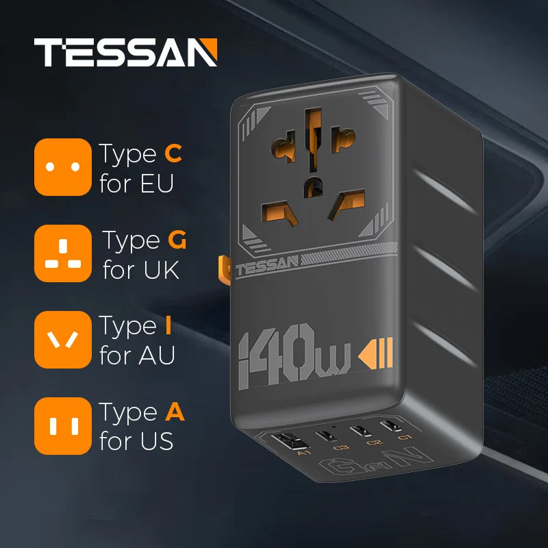 TESSAN 100W GaN Universal Travel Adapter with USB &Type C Fast Charging International Plug Adapter EU/UK/USA/AUS Plug for Travel
