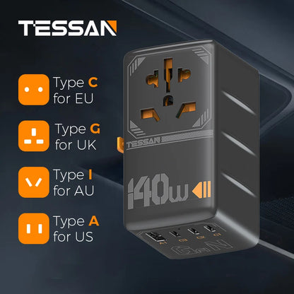 TESSAN 100W GaN Universal Travel Adapter with USB &Type C Fast Charging International Plug Adapter EU/UK/USA/AUS Plug for Travel