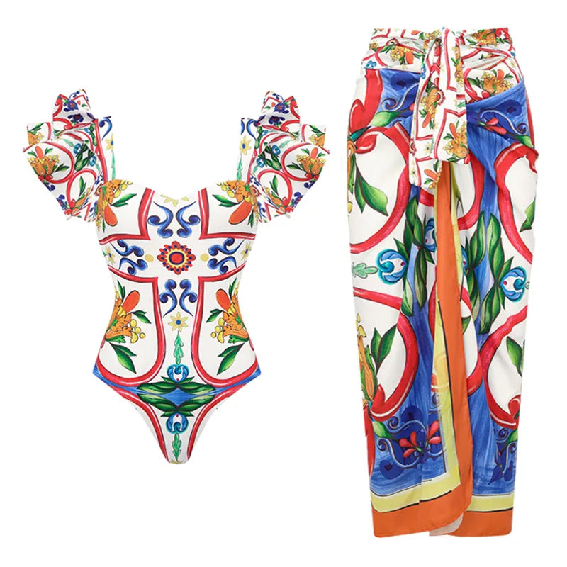 2026 New Sexy Ruffle Bikini Set Printed Brazilian Biquini Women Swimwear Skirt Bathing Suit Girls Summer Beachwear Dress